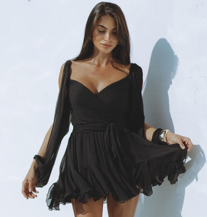 Cross Border Women's Spring Clothing Dress Sexy Hot Girl Hollow Lantern Sleeve V-neck off-Shoulder Jumpsuit Skirt