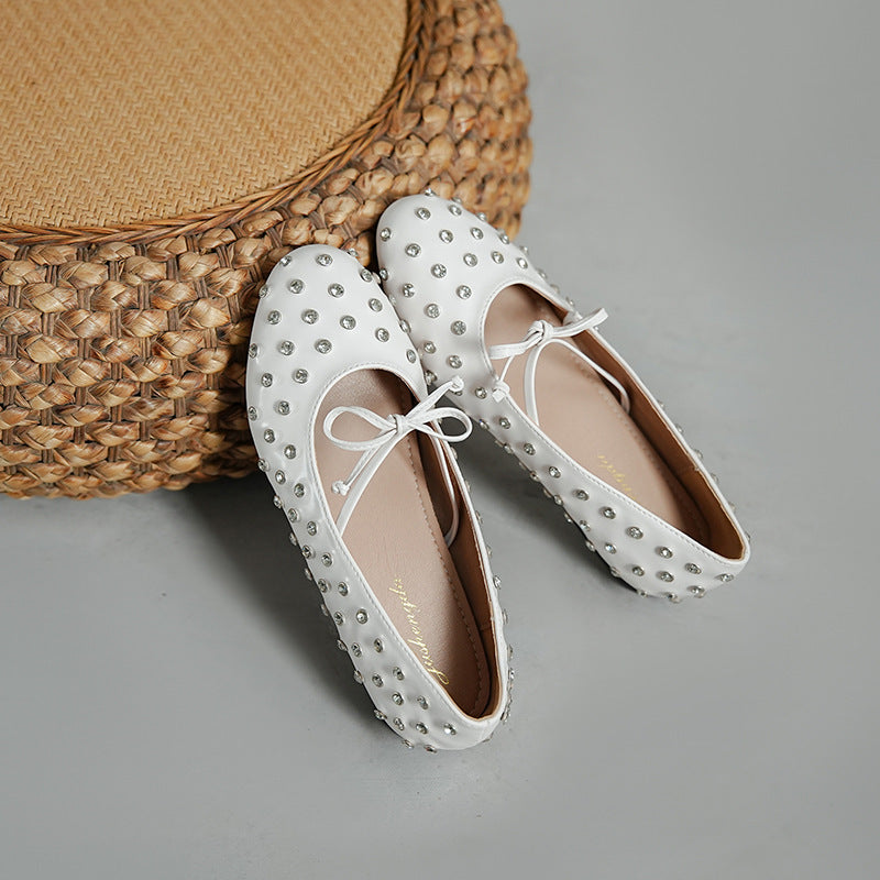 2025 Sheepskin version~ ins style new retro round head versatile one-pedal commuting loafers temperament rhinestone flat shoes