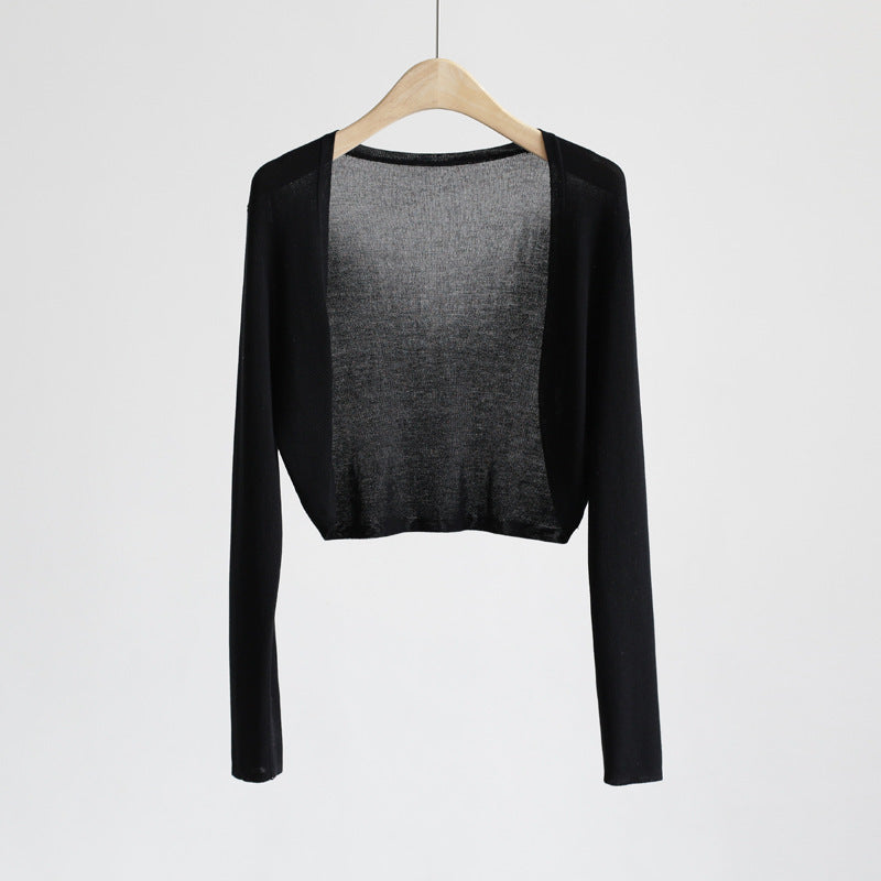 2025 summer ice silk cardigan long-sleeved buckle-free shawl ultra-thin knitted sunscreen shirt slim-fitting outer women's air-conditioning shirt collar