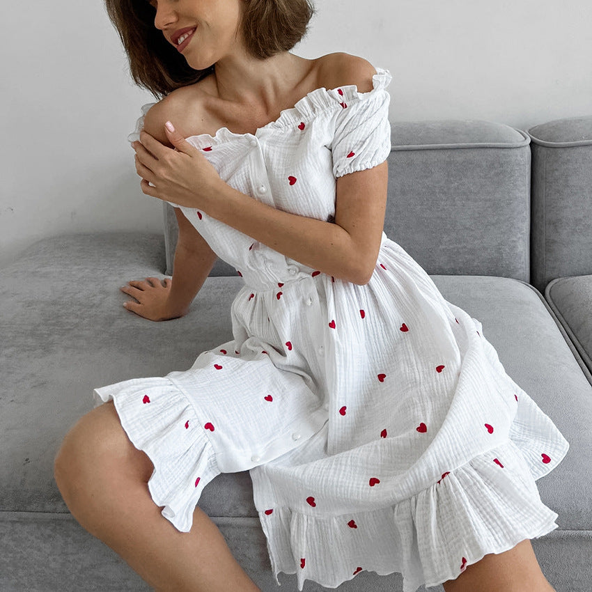 2025 Spring new love printing cotton and linen one-word neck bubble sleeve high waist dress popular fashion short skirt women