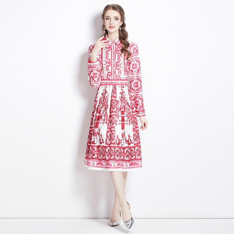 Retro court style light luxury temperament long sleeve lapel waist celadon printed a-word dress elegant dress long dress
