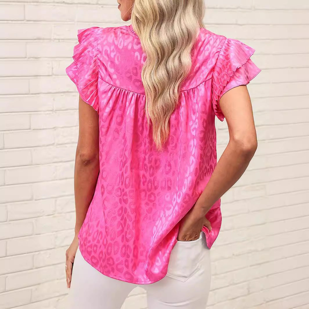 2025 Popular, , New women's clothing summer new fashion versatile printed lotus leaf sleeve wavy collar women's top
