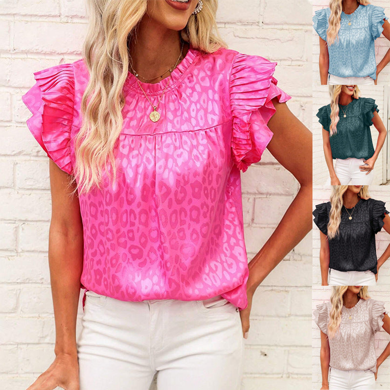 2025 Popular, , New women's clothing summer new fashion versatile printed lotus leaf sleeve wavy collar women's top