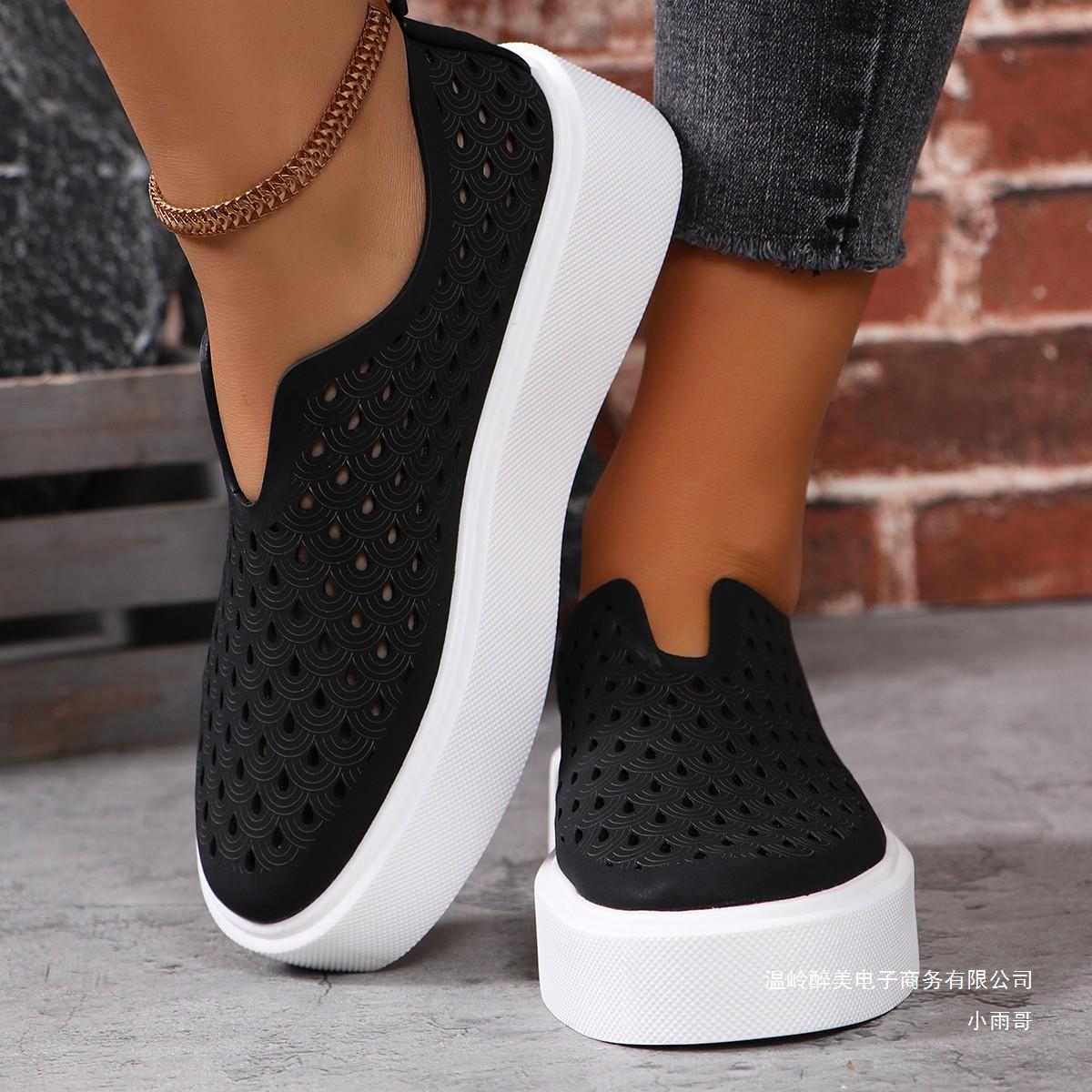 Cross-Border New Arrival plus Size Thick Bottom Hollow out Breathable Low Top Pumps Female HOTan and NEWn V Cut Slip-on Muffin Slip-on Board Shoes