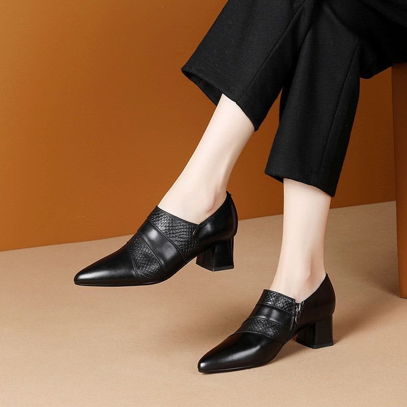 loveccr Spring Deep Mouth Pumps Women's Shoes New Genuine Leather Chunky Heel High Heel Shoes All-Match Brown plus Size Ankle Shoes