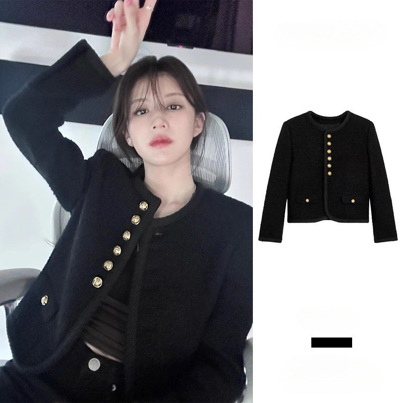 Star with the same black fragrant tweed jacket women's autumn short Korean fashionable thin top women's clothing 2025