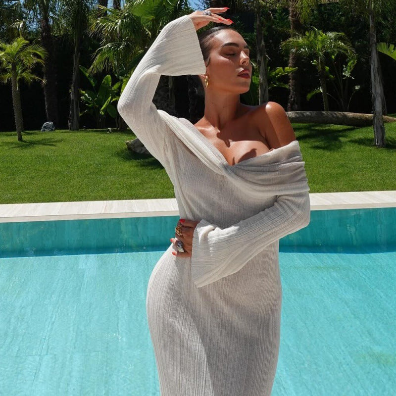 LOVECCR2025 cross-border women's clothing summer new fashionable and sexy knitted hollow one-word collar long-sleeved temperament dress
