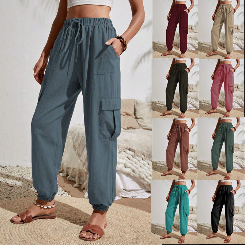 2025 Tiktoktemu women's clothing spring and summer new versatile solid color pocket casual tooling women's pants