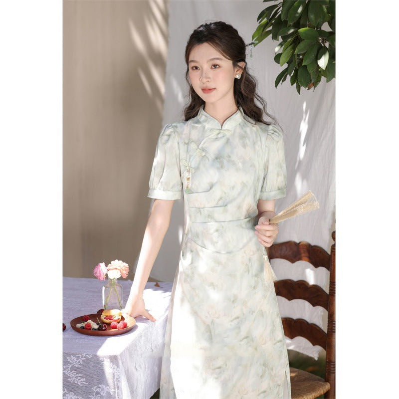 LOVECCR Fresh Style Green Floating New Chinese Style Light Green Short Sleeve Dress Ancient Style Tight Waist Niche Elegant Thin Fresh Cold Style Cheongsam