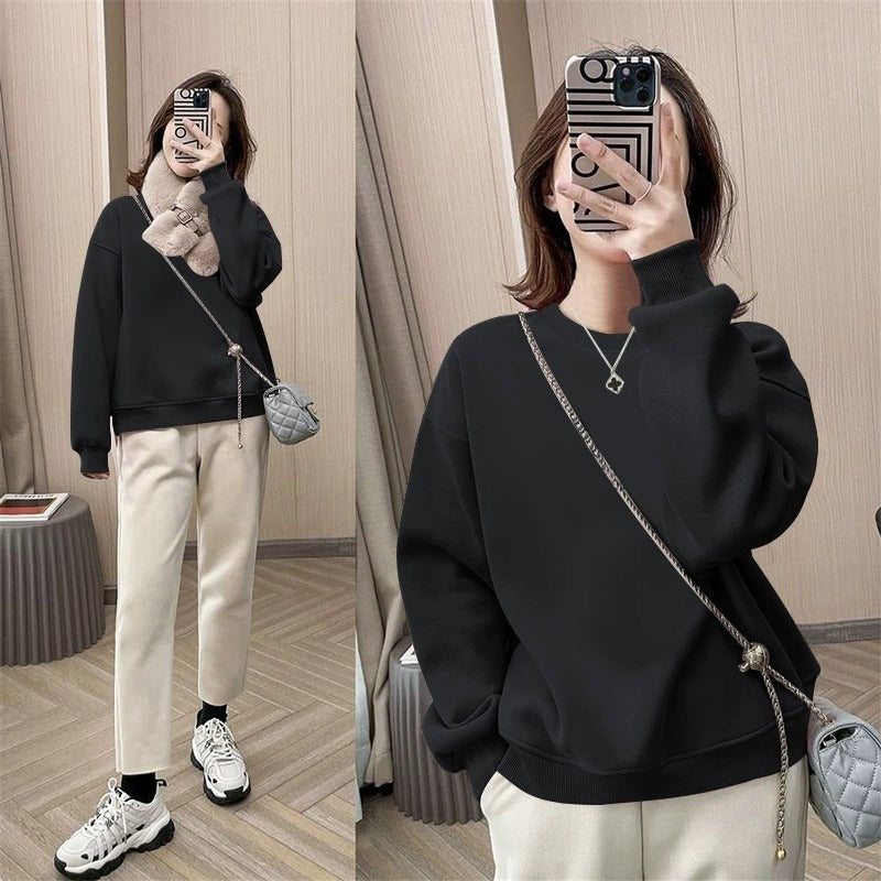 spring and autumn new Korean version of burgundy thin sweater women's pullover round neck printing loose long-sleeved top and clothing