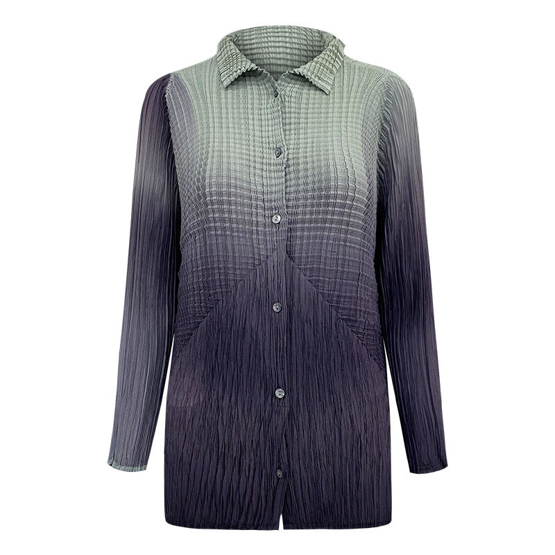 spring new pleated gradual change long-sleeved striped lapel cardigan single-breasted niche casual women's shirt