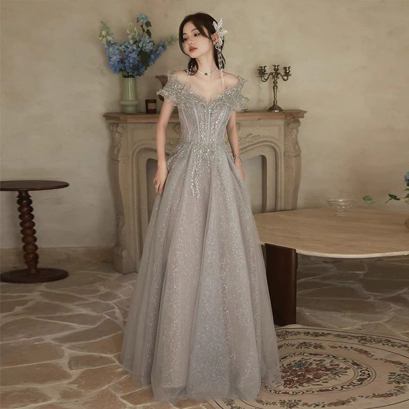 LOVECCR Evening Dress Women's Heavy Industry New off-Shoulder Elegant Socialite Princess Style Birthday Adult Gift Dress