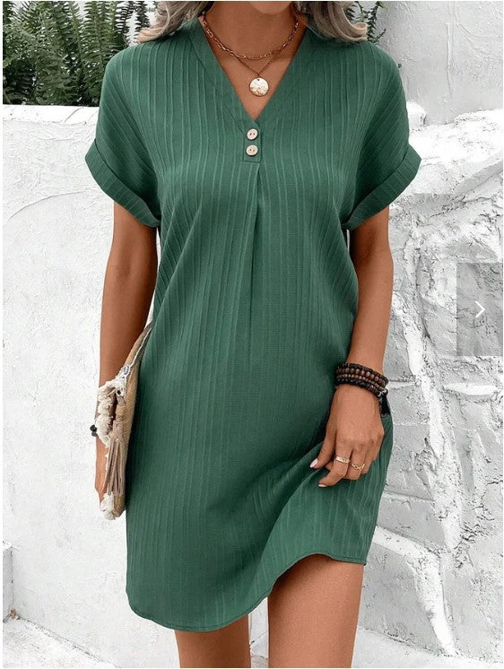 LOVECCR Cross-Border European and American Women's Clothing New Hot Sale V-neck Solid Color Pullover Leisure Button Dress in Stock