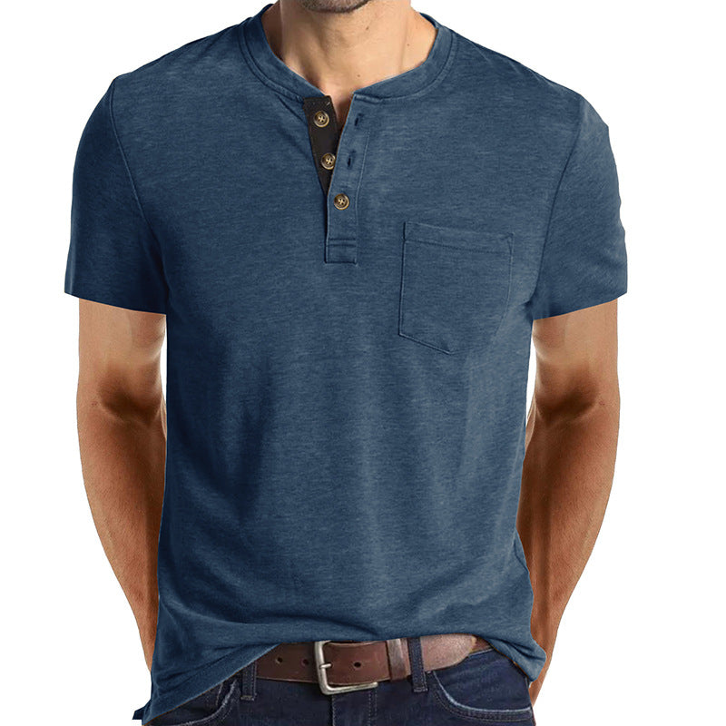 Summer European and American Men's Short-Sleeved T-shirt Foreign Trade Men's Henry T-shirt Cross-Border Clothing round Neck Top