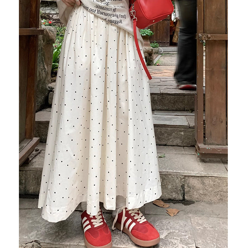 Gentle White Polka Dot Long Skirt for Women Simple Elastic Waist Cover Slim A- line Super Fairy Skirt Spring
