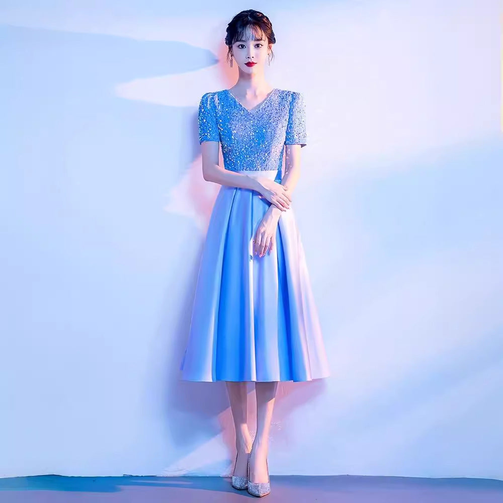 LOVECCR Adult Choir Performance Costume Female Dress Student Art Exam Host Formal Dress Recitation Command Costume Elegant Blue