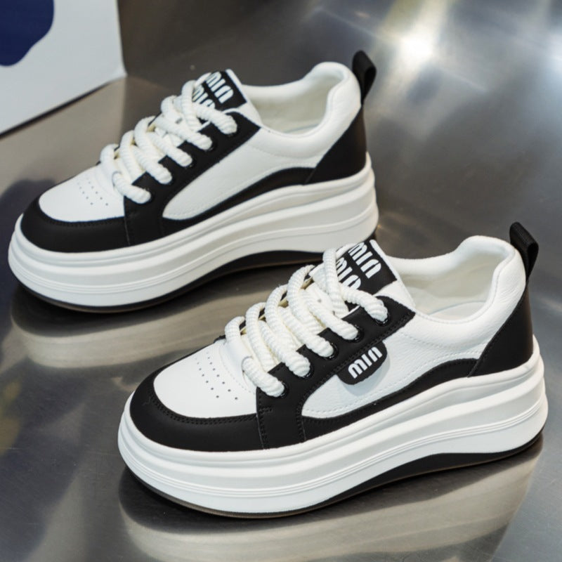loveccr White Shoes for Women New Spring Casual Women's Sports Shoes All-Matching Genuine Leather Raise the Bottom Black and White Panda Board Shoes