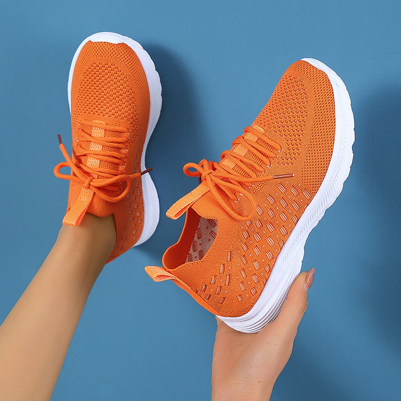 loveccr Cross-Border Wish plus Size Sports Casual Shoes for Women Spring Thick Bottom Solid Color Front Lace-up Flying Woven Slip-on Lazy