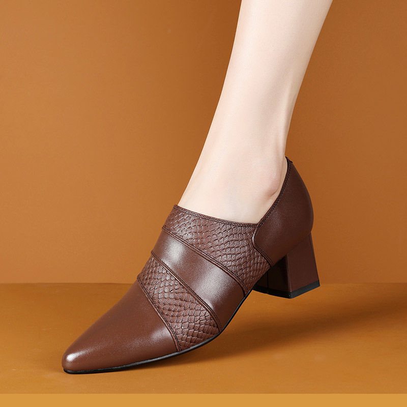 loveccr Spring Deep Mouth Pumps Women's Shoes New Genuine Leather Chunky Heel High Heel Shoes All-Match Brown plus Size Ankle Shoes