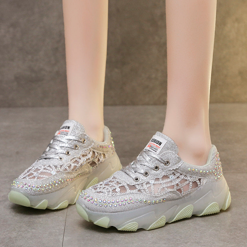 loveccr Breathable Rhinestone Dad Shoes Women Summer New Korean Style Lace Jelly Thick Bottom Casual Sneaker Women Wholesale