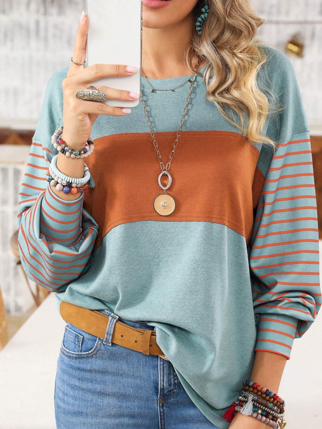 2025 Popular, , New women's clothing spring and autumn new pullover round neck casual striped contrasting color long-sleeved t-shirt women
