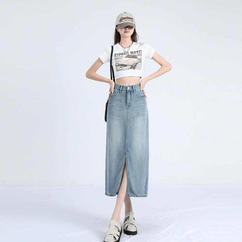 Lyocell Denim Skirt Women's Summer Thin High Waist Loose Split Ice Silk A- line Medium Long Sheath Skirt