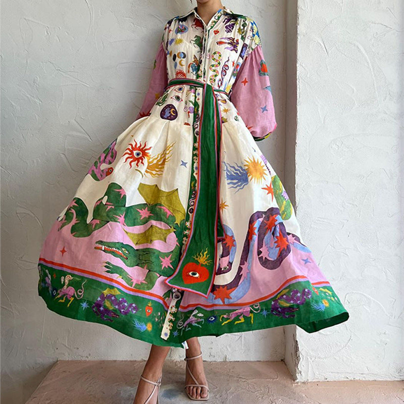 Foreign Trade New Women's Elegant Lantern Sleeve Printed Long Lapel and Waist Tight Long Sleeve Dress