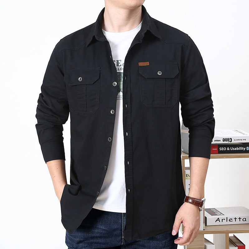 Men's Casual Loose Long-Sleeved Shirt New plus Size Solid Color Young and Middle-Aged Shirt Autumn Workwear Pocket Style