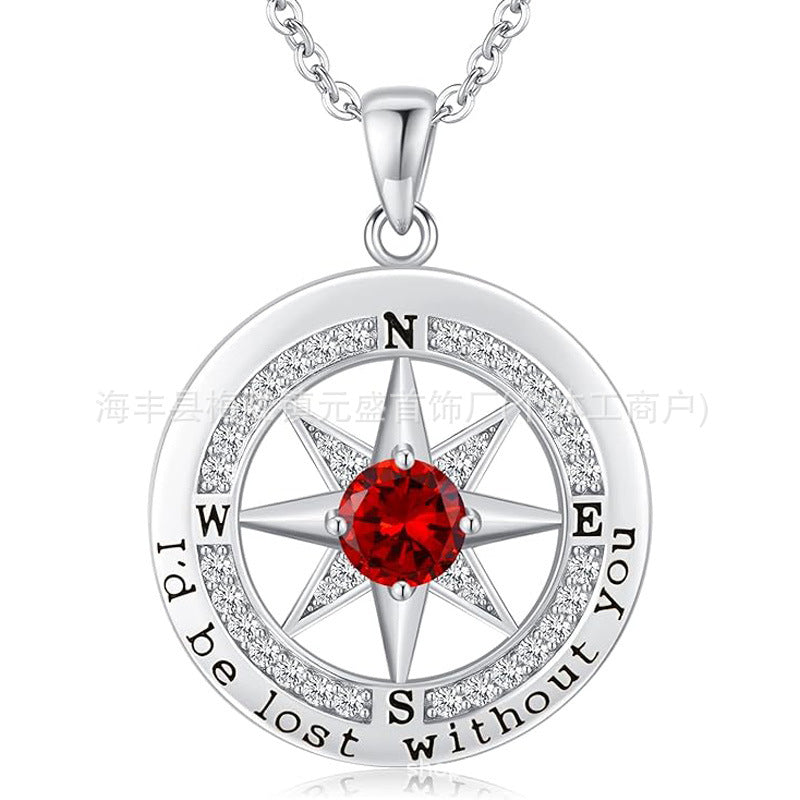 HOT and NEW Cross Border S925 Sterling Silver Compass Compass Necklace Female Twelve Birthstone Pendant Clavicle Chain