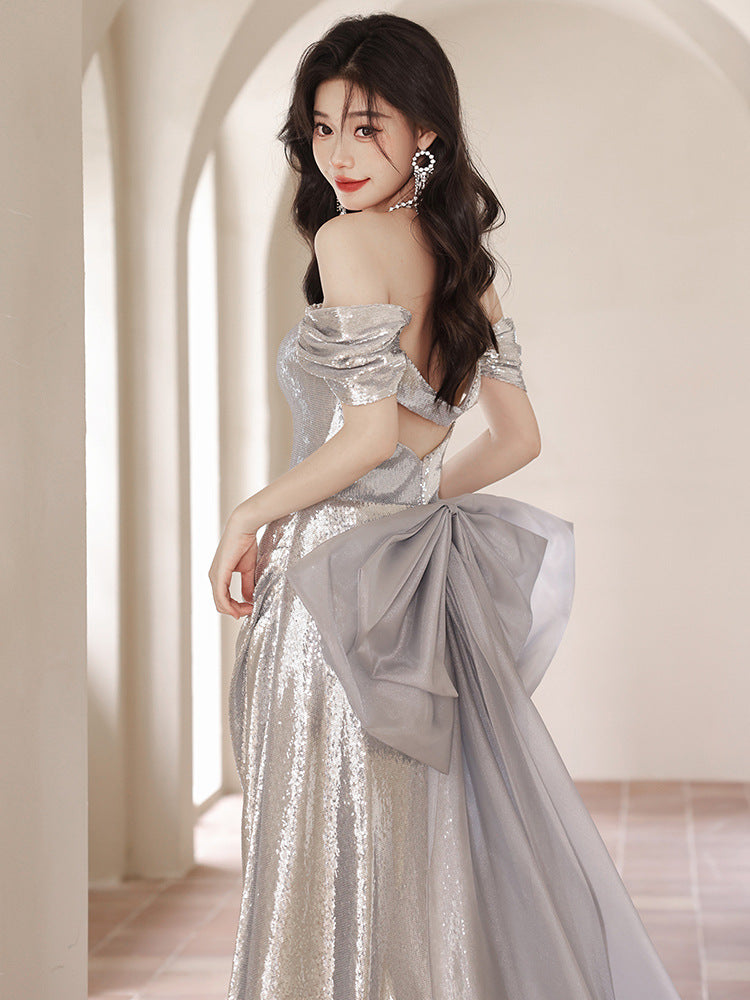 LOVERCCR off-Shoulder Evening Dress for Women New High-Grade Spring and Autumn High-End Temperament Annual Meeting Host Dress Noble Sexy