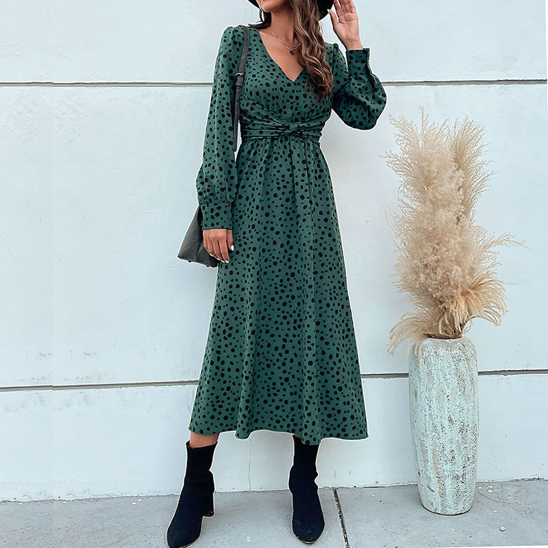 LOVECCR Hot autumn 2025 medium and long skirts commuter V-neck kinked leopard print dress