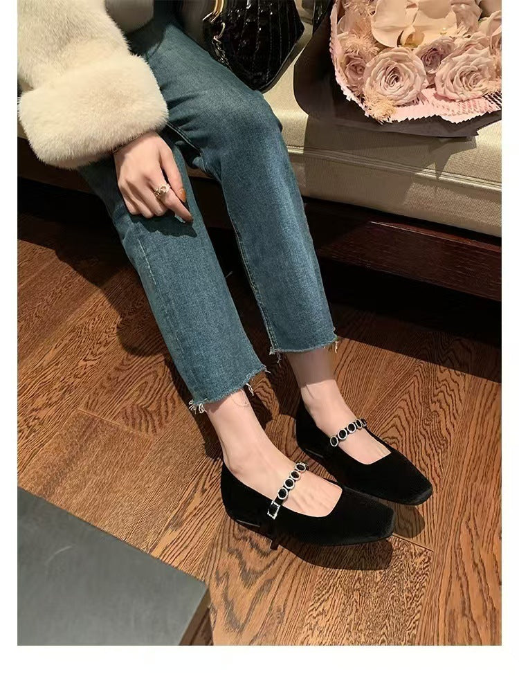 2025 Sheepskin version~ Grape mother square head shallow mouth high heels one-word diamond belt versatile commuter Mary Jane single shoes women