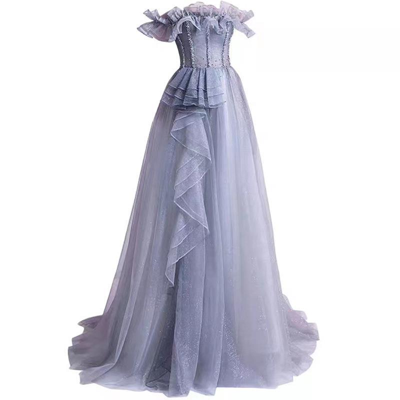 LOVECCR Purple Evening Dress New Summer Women's off-Shoulder Elegant Graceful Long Chorus Costume Dress