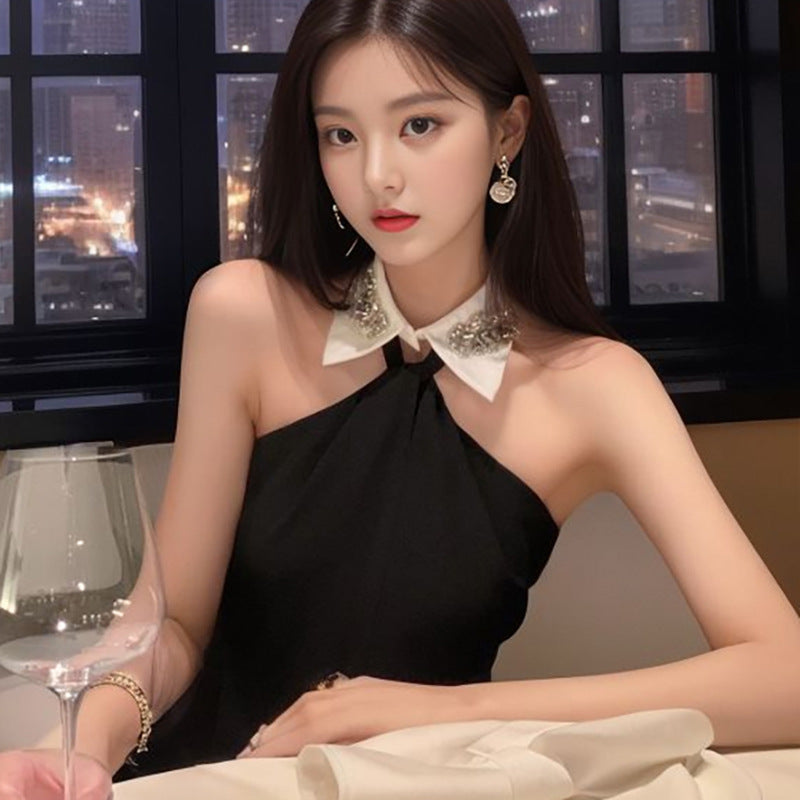 retro Hepburn style suspender dress women's summer small detachable collar temperament small black dress L4037