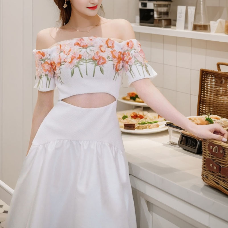 one-word shoulder dress women's summer new waist design three-dimensional flower temperament long dress L5027