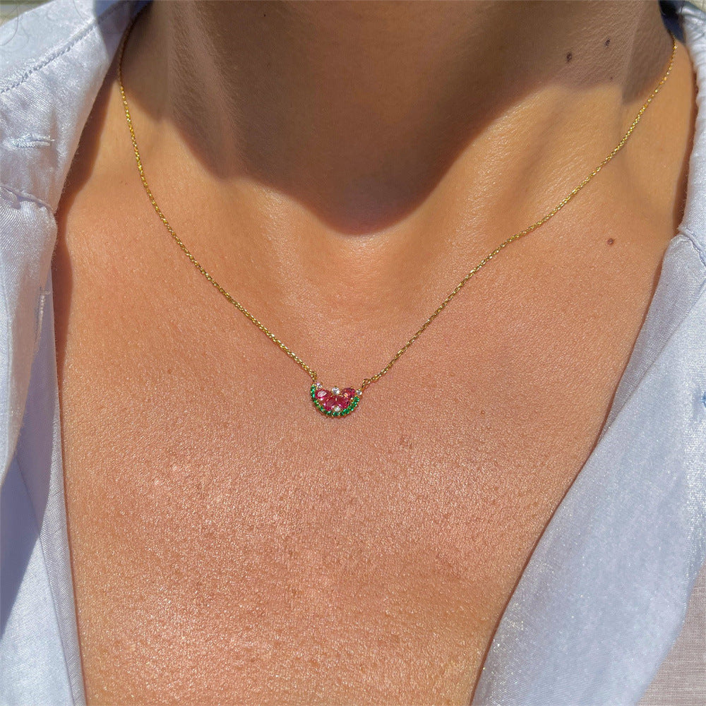 Summer Fresh Watermelon Fruit Necklace 18K Real Gold Micro Inlaid Color Zircon Pendant Cross-Border Sold Jewelry Jewelry Wholesale