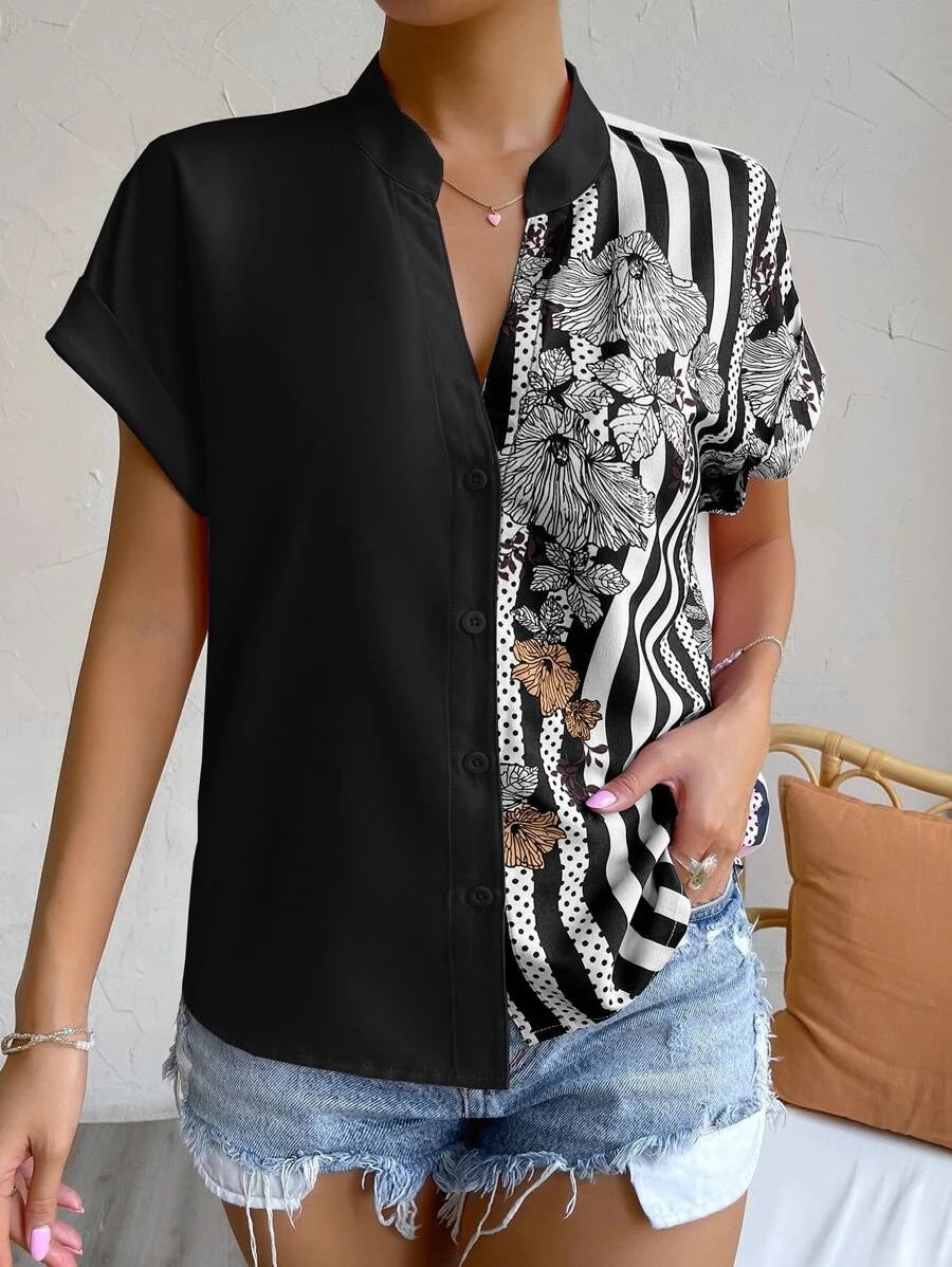 2025 Popular, , New women's clothing summer new double-spell contrasting color flower button cardigan short-sleeved shirt women