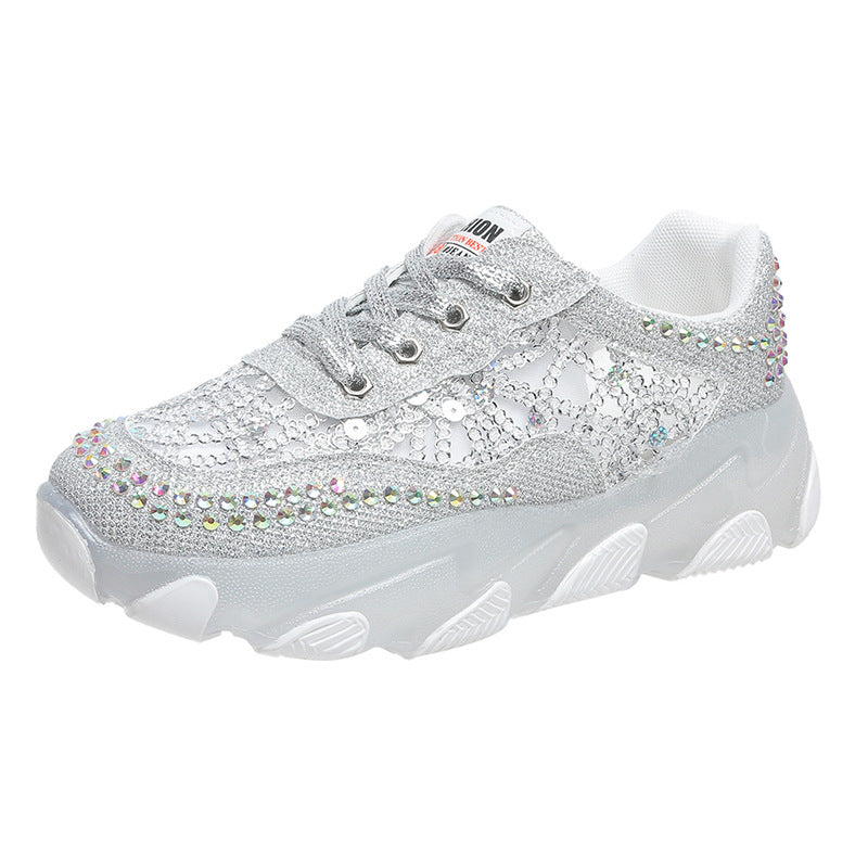 loveccr Breathable Rhinestone Dad Shoes Women Summer New Korean Style Lace Jelly Thick Bottom Casual Sneaker Women Wholesale