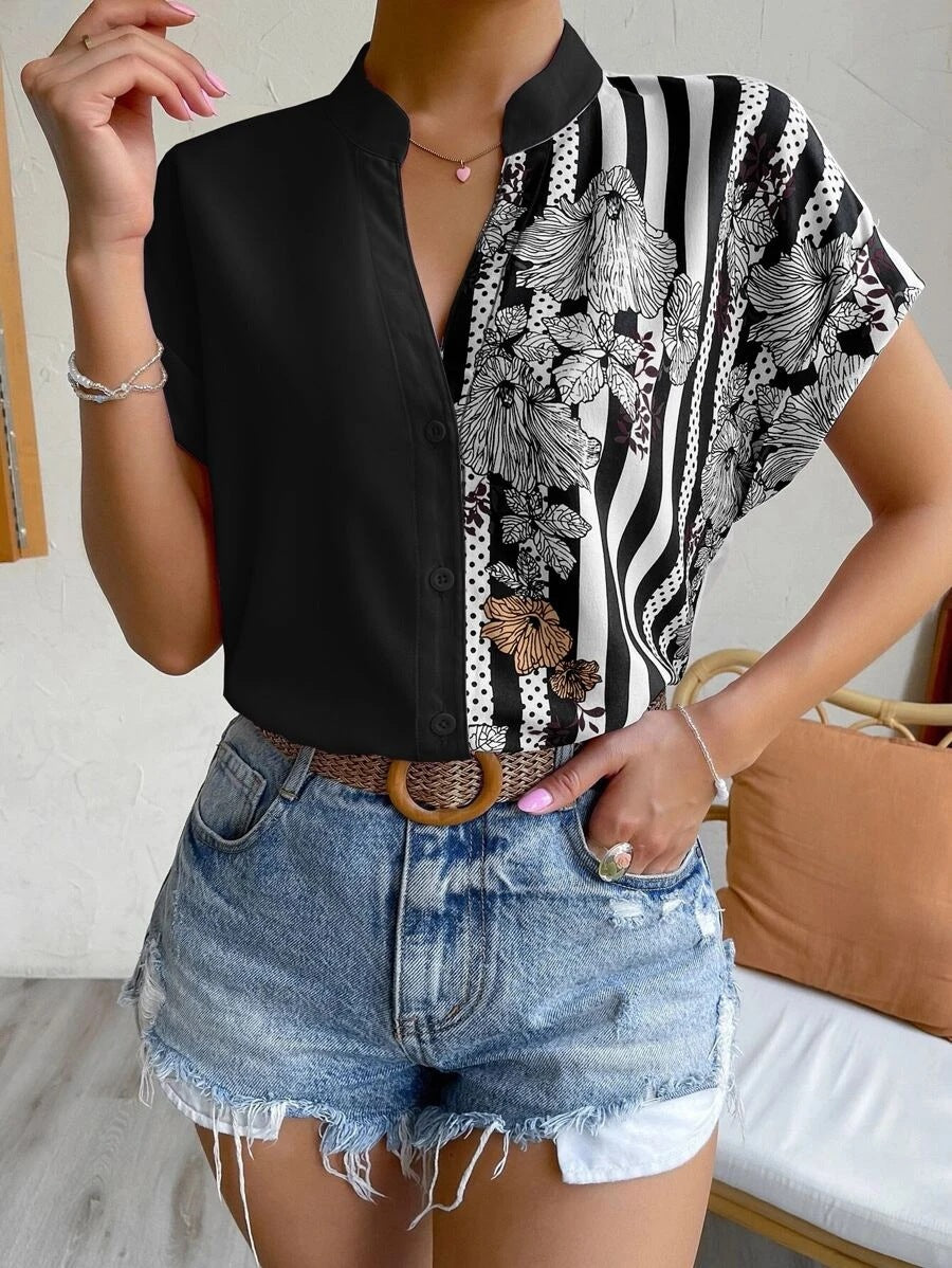 2025 Popular, , New women's clothing summer new double-spell contrasting color flower button cardigan short-sleeved shirt women