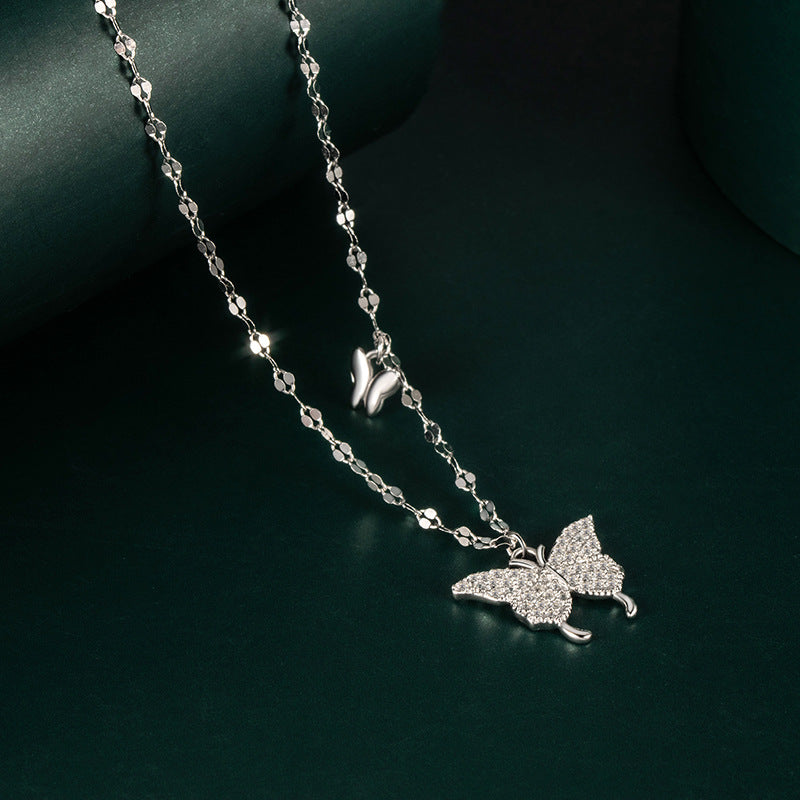 LOVECCR Sterling Silver S925 Butterfly Necklace Female Special Interest Light Luxury High-Grade Hot Clavicle Chain Birthday Gift for Girlfriend