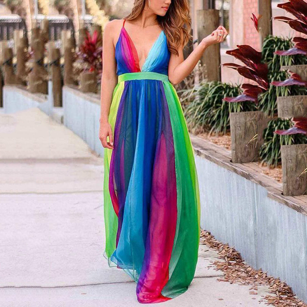 2025 New new spring and summer 2025 Popular trade women's long dress sexy deep V rainbow mesh suspender, dress