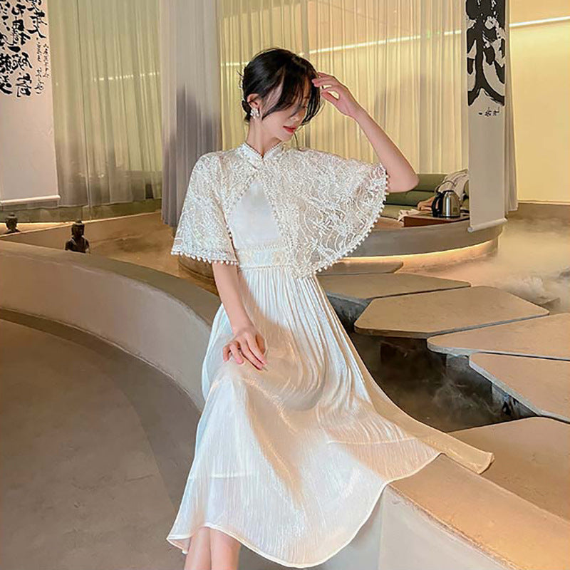Retro niche design sense gentle wind white skirt medium and long waist improved version cheongsam dress women's summer