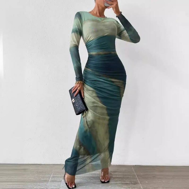 LOVECCRcross-border women's clothing autumn and winter new fashion printing gradual change slim crew neck long sleeve temperament dress