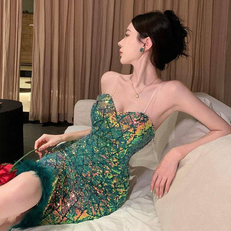 LOVECCR Socialite Retro Green Sequin Shiny Sheath Party Evening Dress Elegant Sexy Slim Strap Dress