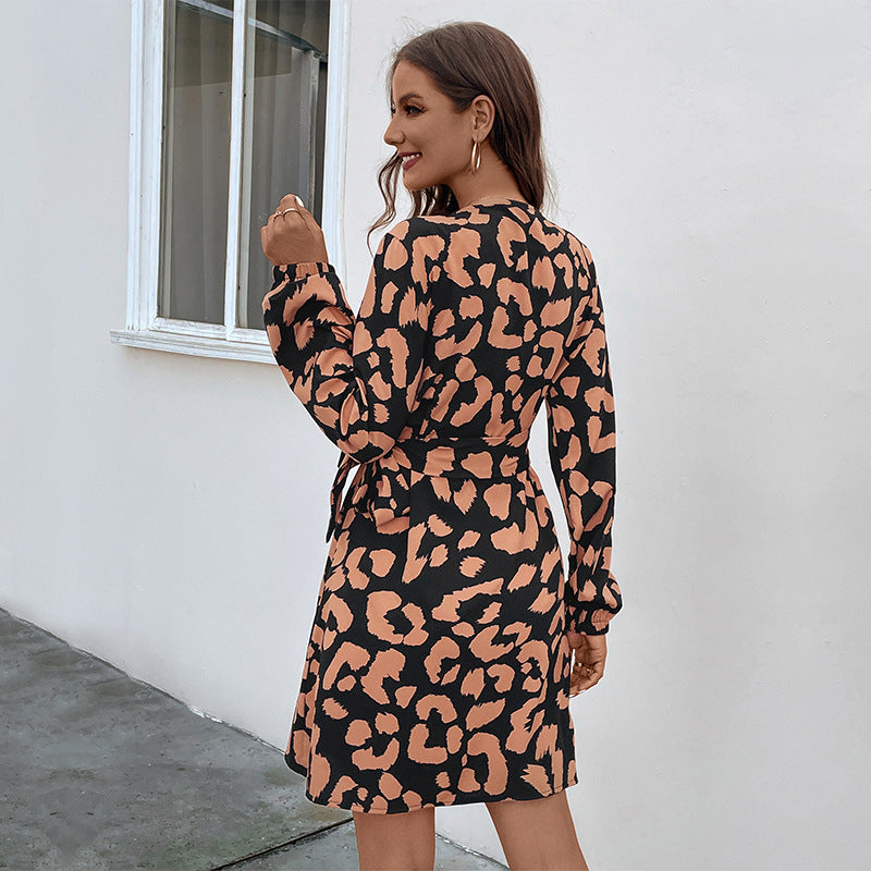 LOVECCR Europe and the United States new leopard print v-neck long-sleeved long-sleeved dress temperament casual wrap skirt