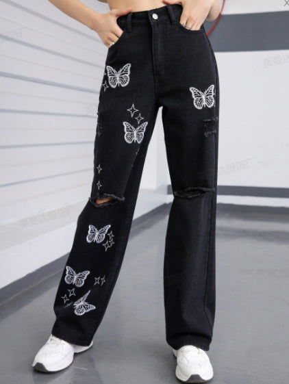 New European and American Wish Embroidery Ripped Fashion Denim Skinny Pants Female 69310