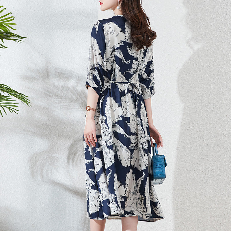 Silk Dress Women's Mulberry Silk Summer New High-End Temperament V-neck plus Size Floral Dress Women's High Sense