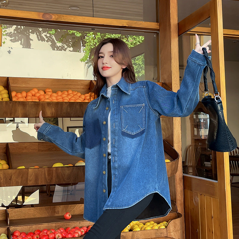 2025 spring Popularan goods Manila retro blue contrasting denim shirt design sense loose casual top women's clothing