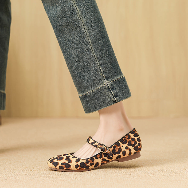 2025 Cowhide version~ genuine leather leopard print low-heeled Mary Jane shoes women's popular new light-mouth single shoes with small leather shoes