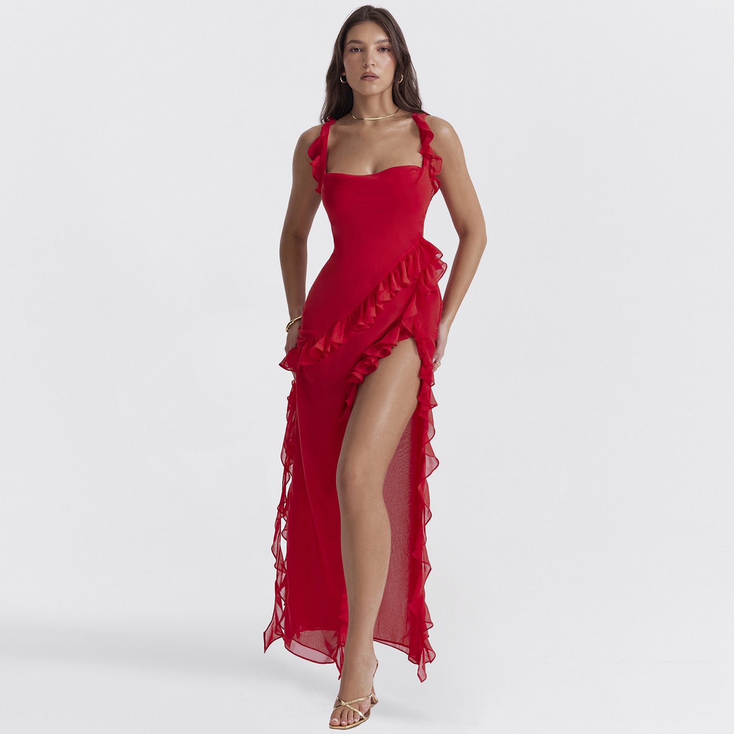 European and American Style Cross-Border Women's Clothing Summer and Autumn New Fashion Sexy Wooden Ear Stitching Temperament Split Dress